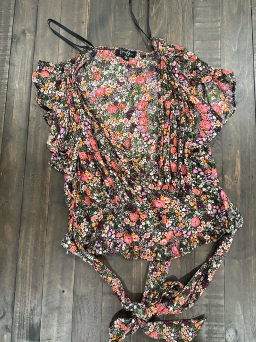 Jessica Simpson Medium Pink & Green Floral Tie-Front Blouse